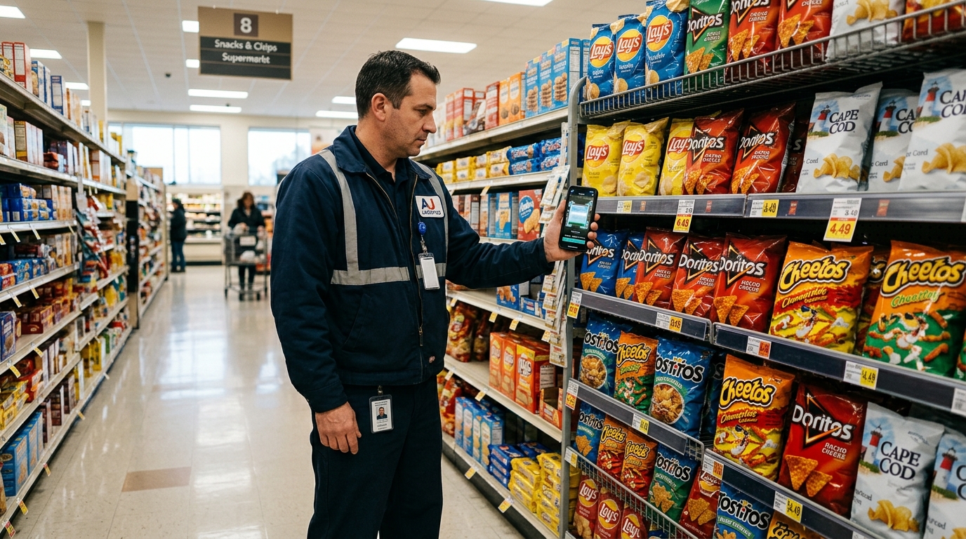 Delivery driver scanning supermarket wire display rack with smartphone